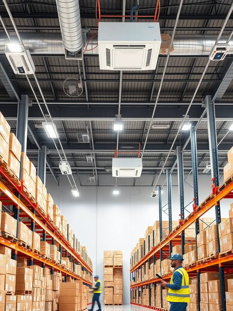 A modern warehouse with climate control systems, security cameras, and inventory scanning stations, representing Flyght Logistics' warehousing and storage services.